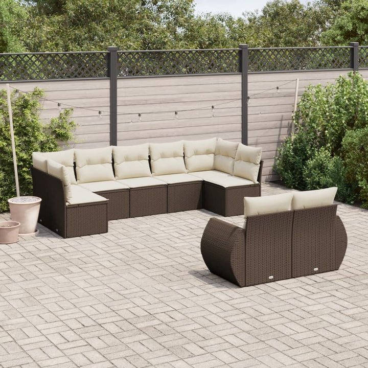 9-tlg. Garten-Sofagarnitur mit Kissen Braun Poly Rattan