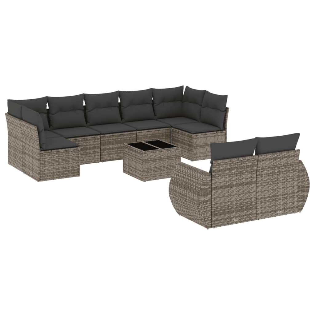 10-tlg. Garten-Sofagarnitur mit Kissen Grau Poly Rattan