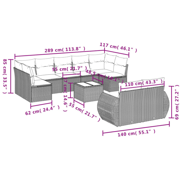 10-tlg. Garten-Sofagarnitur mit Kissen Braun Poly Rattan