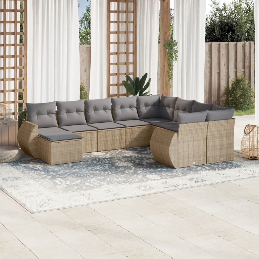 10-tlg. Garten-Sofagarnitur mit Kissen Beige Poly Rattan