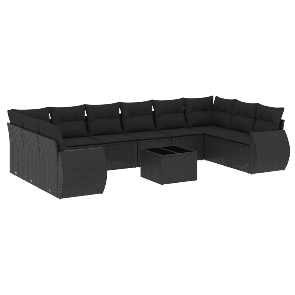 11-tlg. Garten-Sofagarnitur mit Kissen Schwarz Poly Rattan