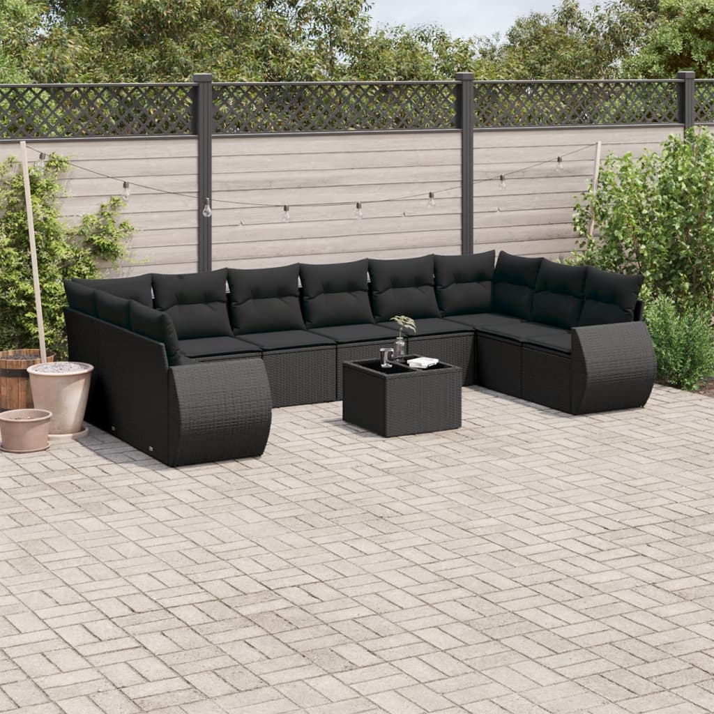 11-tlg. Garten-Sofagarnitur mit Kissen Schwarz Poly Rattan