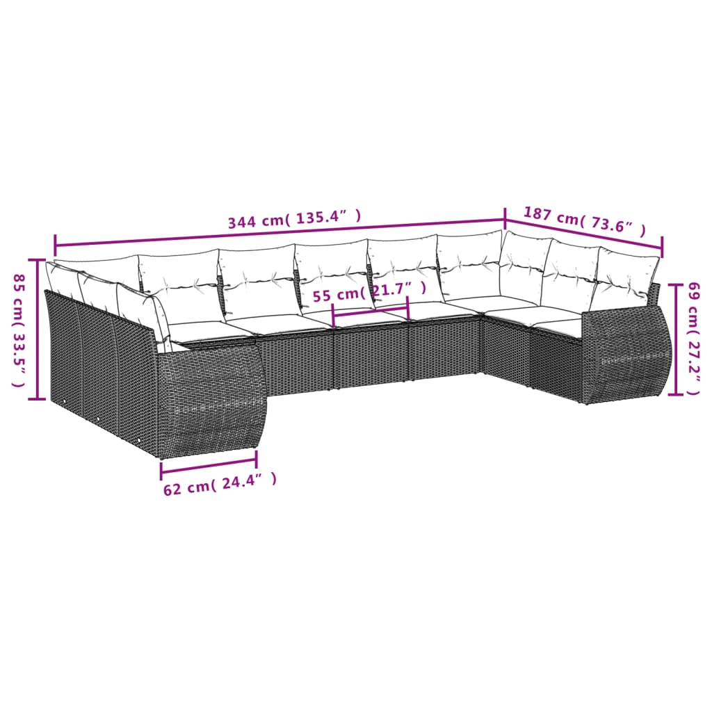 11-tlg. Garten-Sofagarnitur mit Kissen Schwarz Poly Rattan