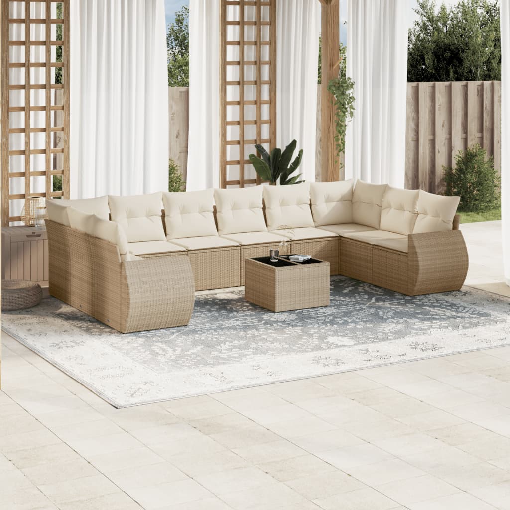 11-tlg. Garten-Sofagarnitur mit Kissen Beige Poly Rattan