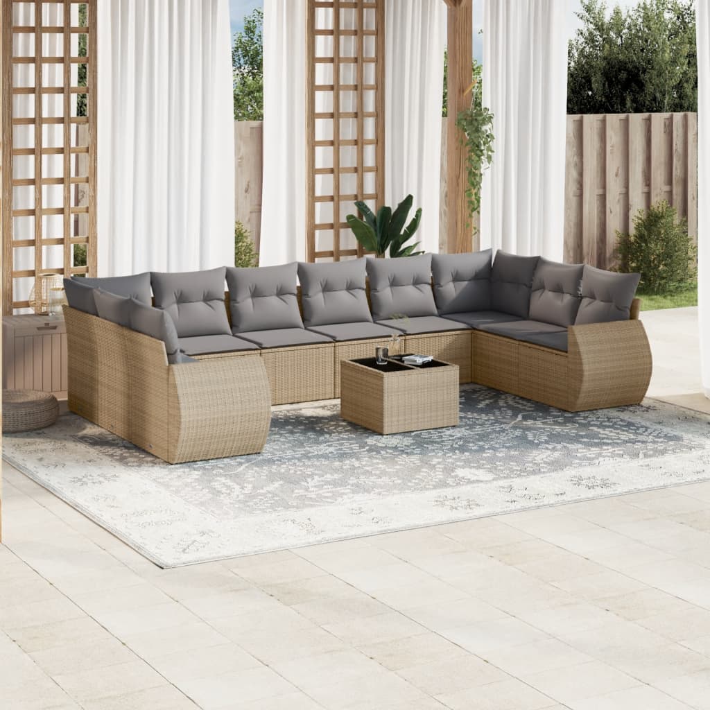 11-tlg. Garten-Sofagarnitur mit Kissen Beige Poly Rattan