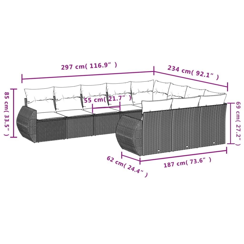 10-tlg. Garten-Sofagarnitur mit Kissen Braun Poly Rattan