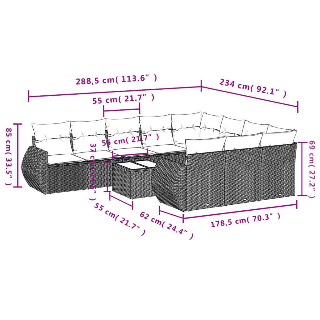 11-tlg. Garten-Sofagarnitur mit Kissen Hellgrau Poly Rattan