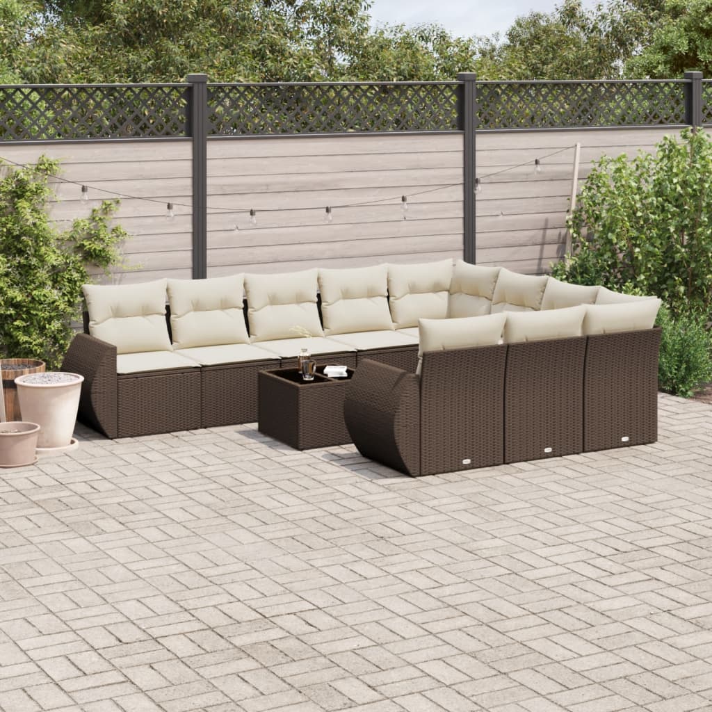 11-tlg. Garten-Sofagarnitur mit Kissen Braun Poly Rattan