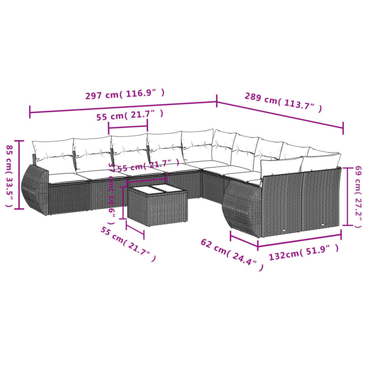 11-tlg. Garten-Sofagarnitur mit Kissen Schwarz Poly Rattan