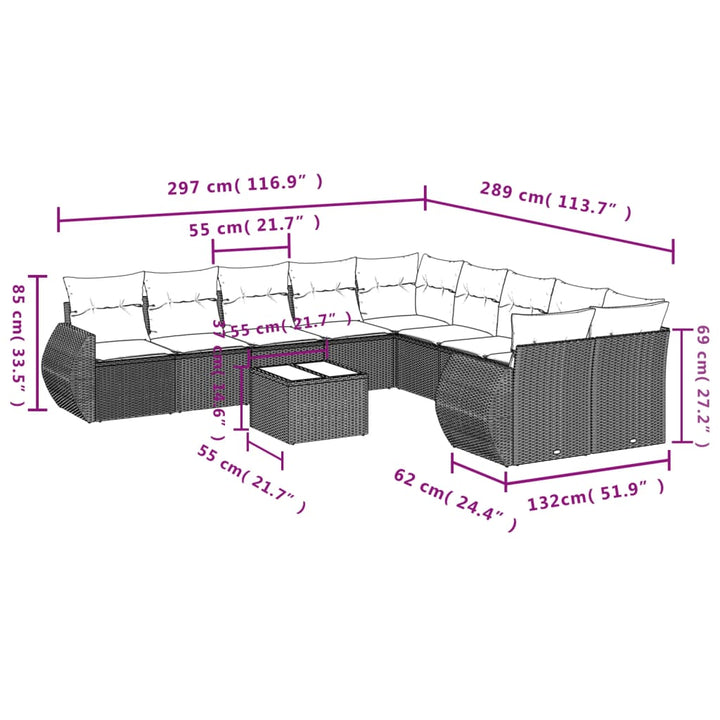 11-tlg. Garten-Sofagarnitur mit Kissen Braun Poly Rattan