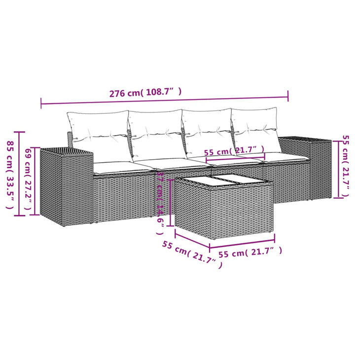 5-tlg. Garten-Sofagarnitur mit Kissen Hellgrau Poly Rattan