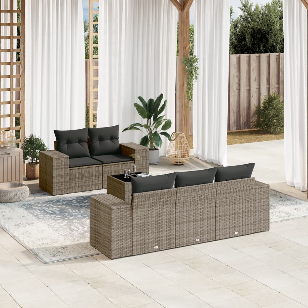 6-tlg. Garten-Sofagarnitur mit Kissen Grau Poly Rattan