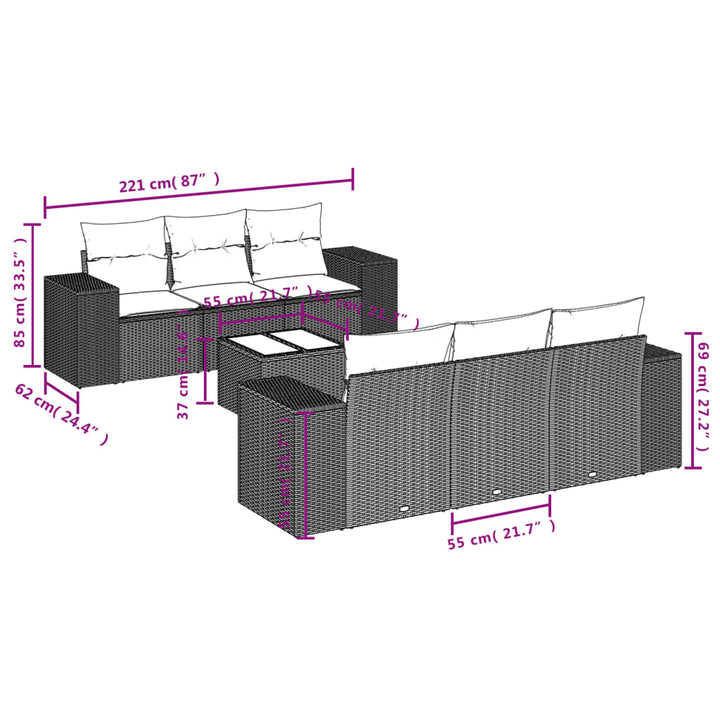 7-tlg. Garten-Sofagarnitur mit Kissen Braun Poly Rattan