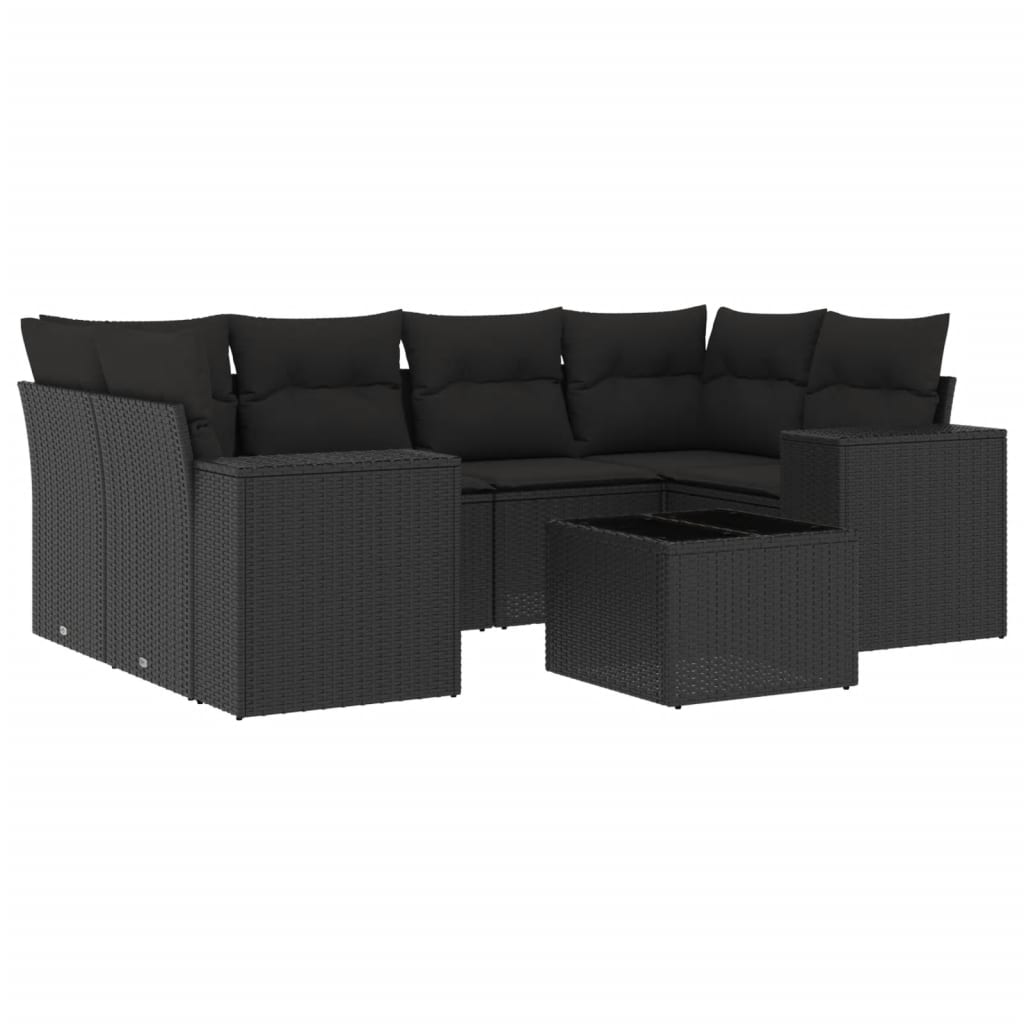 7-tlg. Garten-Sofagarnitur mit Kissen Schwarz Poly Rattan