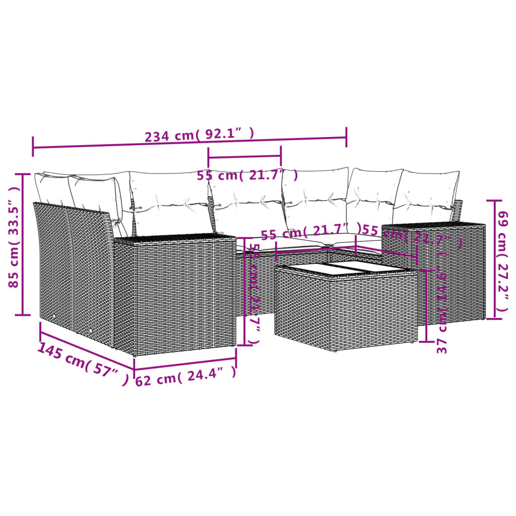 7-tlg. Garten-Sofagarnitur mit Kissen Braun Poly Rattan