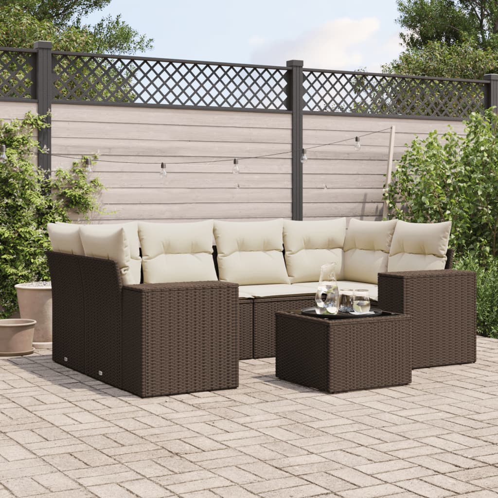 7-tlg. Garten-Sofagarnitur mit Kissen Braun Poly Rattan