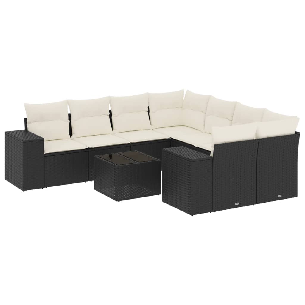 9-tlg. Garten-Sofagarnitur mit Kissen Schwarz Poly Rattan