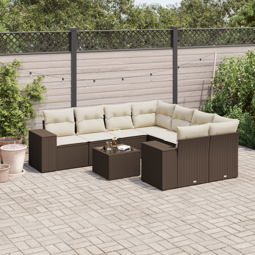 9-tlg. Garten-Sofagarnitur mit Kissen Braun Poly Rattan