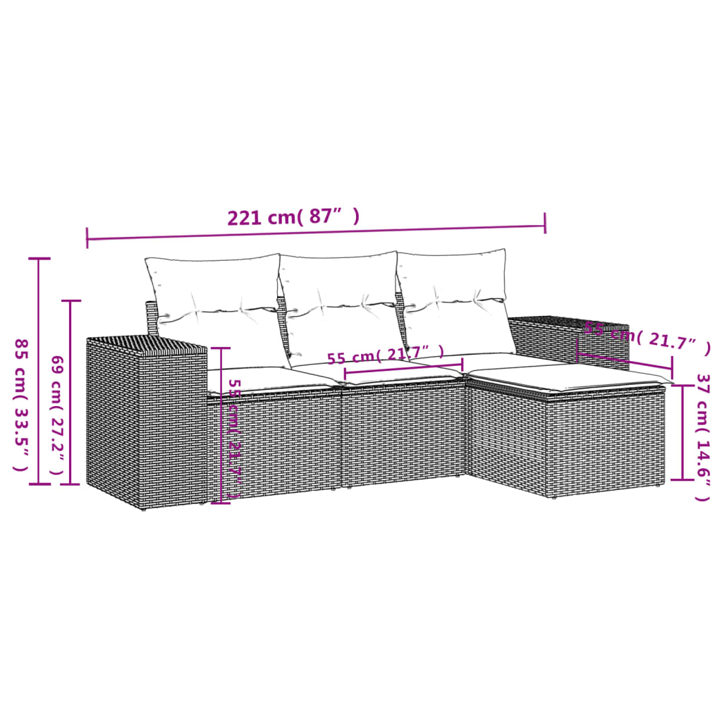 4-tlg. Garten-Sofagarnitur mit Kissen Braun Poly Rattan