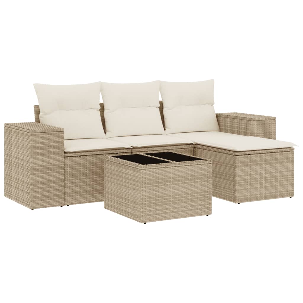 5-tlg. Garten-Sofagarnitur mit Kissen Beige Poly Rattan