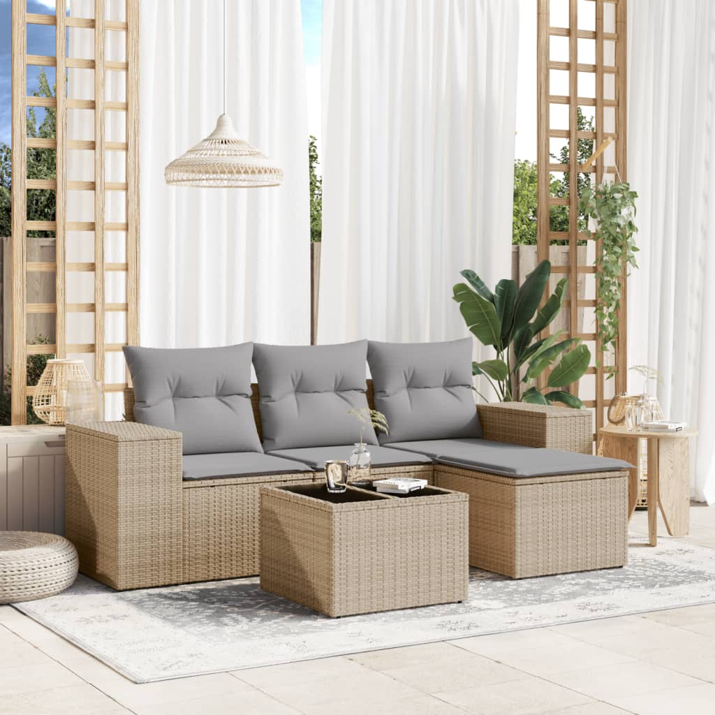 5-tlg. Garten-Sofagarnitur mit Kissen Beige Poly Rattan