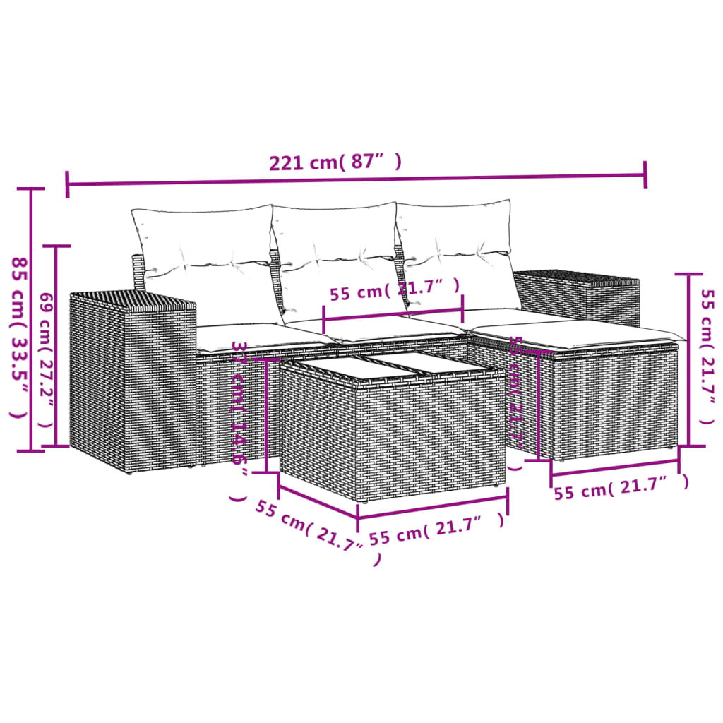 5-tlg. Garten-Sofagarnitur mit Kissen Braun Poly Rattan