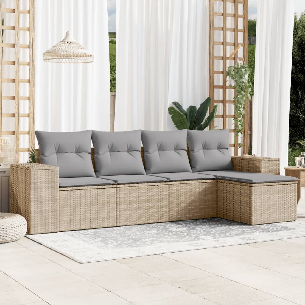 5-tlg. Garten-Sofagarnitur mit Kissen Beige Poly Rattan