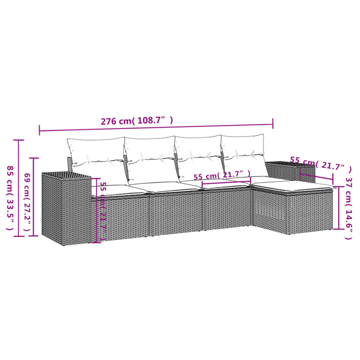 5-tlg. Garten-Sofagarnitur mit Kissen Grau Poly Rattan