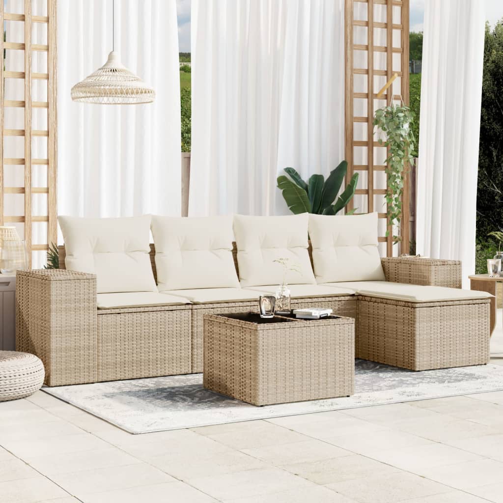 6-tlg. Garten-Sofagarnitur mit Kissen Beige Poly Rattan