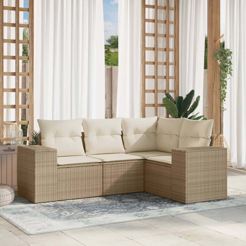 4-tlg. Garten-Sofagarnitur mit Kissen Beige Poly Rattan