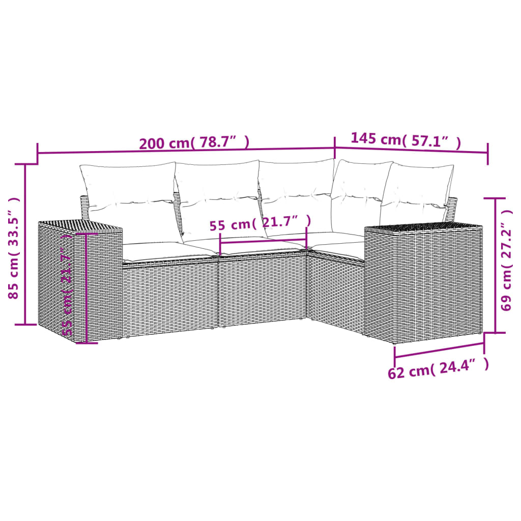 4-tlg. Garten-Sofagarnitur mit Kissen Braun Poly Rattan