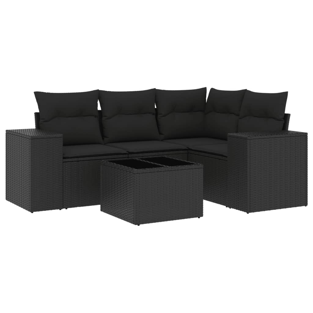 5-tlg. Garten-Sofagarnitur mit Kissen Schwarz Poly Rattan