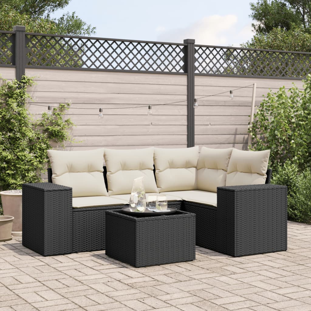 5-tlg. Garten-Sofagarnitur mit Kissen Schwarz Poly Rattan