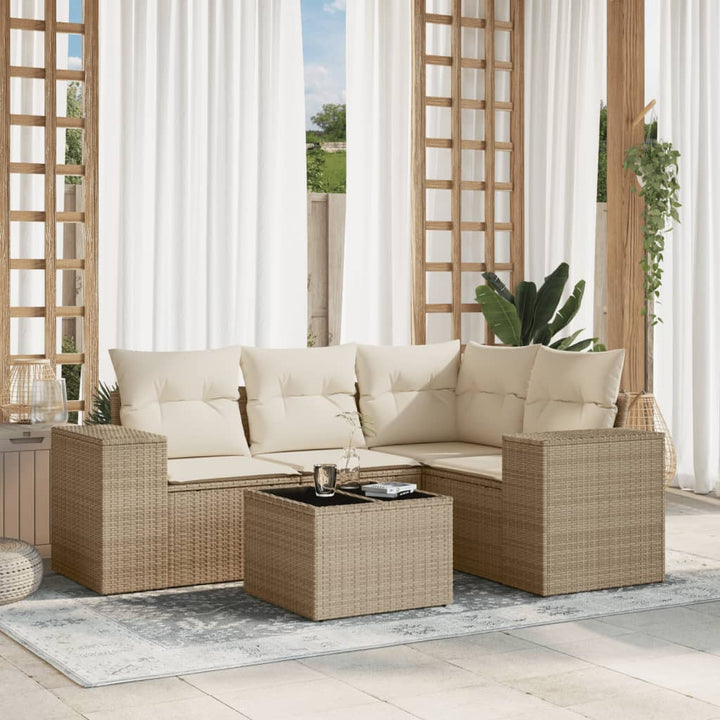 5-tlg. Garten-Sofagarnitur mit Kissen Beige Poly Rattan