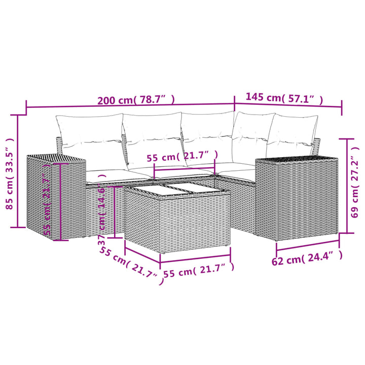 5-tlg. Garten-Sofagarnitur mit Kissen Beige Poly Rattan