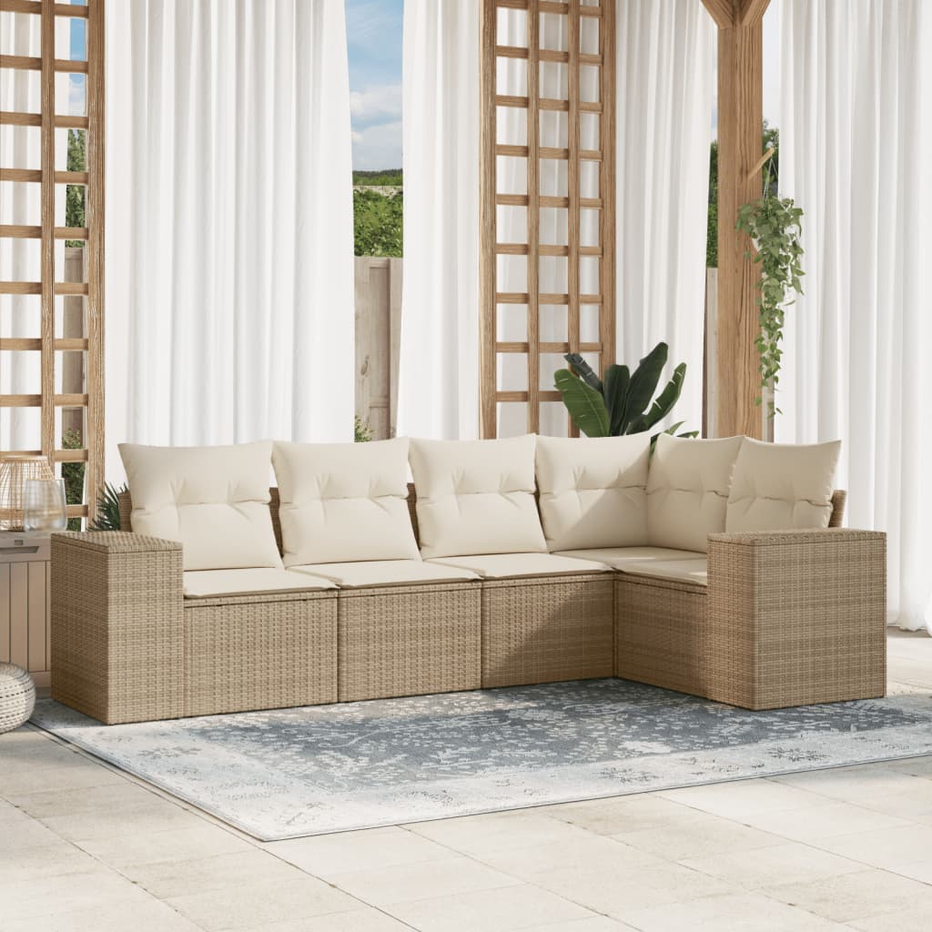 5-tlg. Garten-Sofagarnitur mit Kissen Beige Poly Rattan