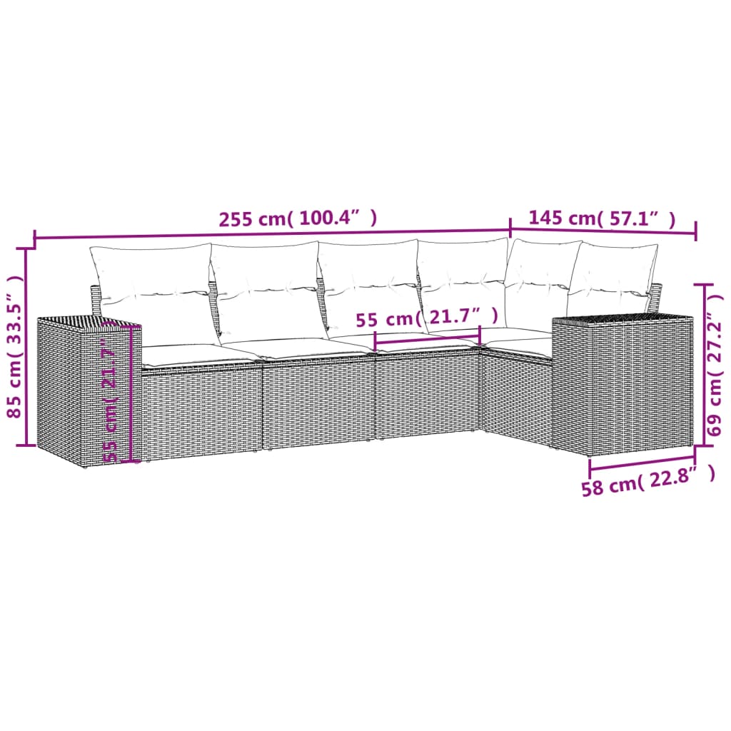 5-tlg. Garten-Sofagarnitur mit Kissen Braun Poly Rattan