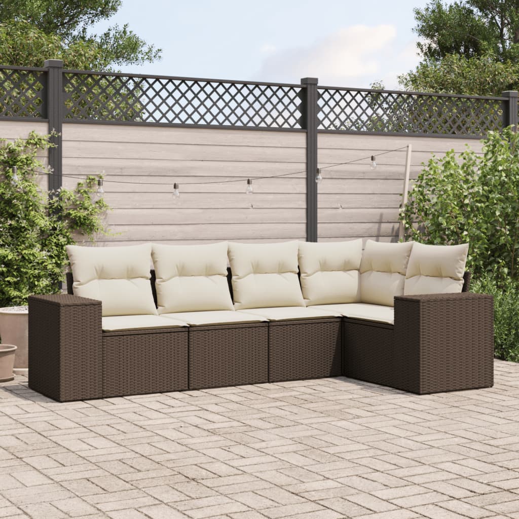 5-tlg. Garten-Sofagarnitur mit Kissen Braun Poly Rattan