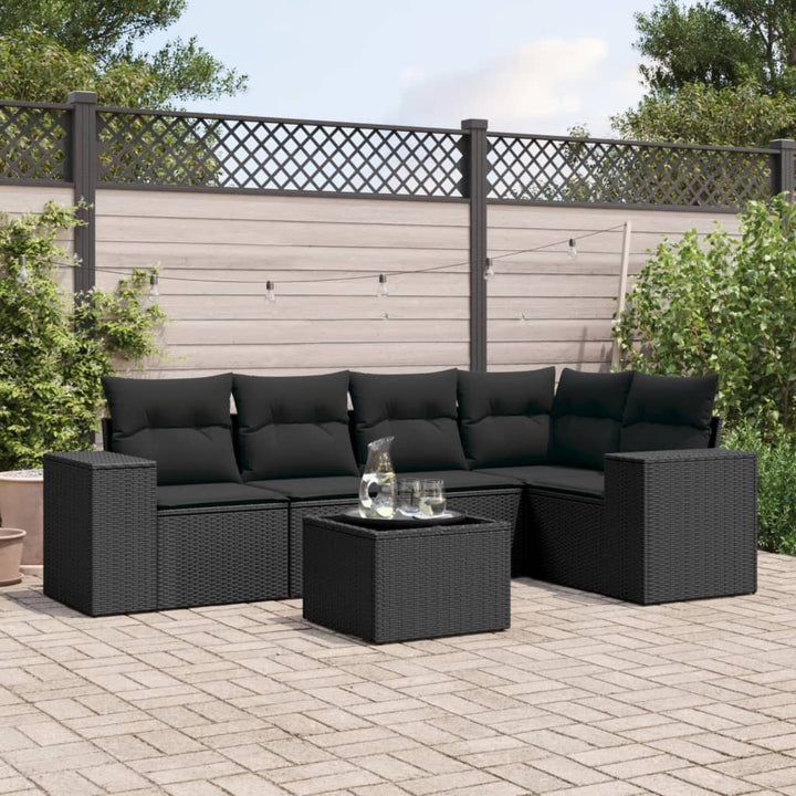 6-tlg. Garten-Sofagarnitur mit Kissen Schwarz Poly Rattan