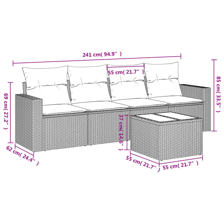 5-tlg. Garten-Sofagarnitur mit Kissen Hellgrau Poly Rattan