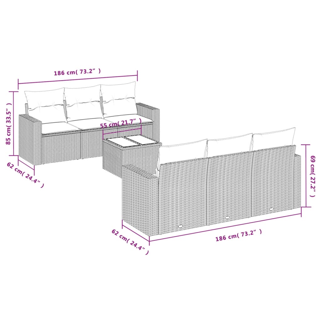 7-tlg. Garten-Sofagarnitur mit Kissen Schwarz Poly Rattan