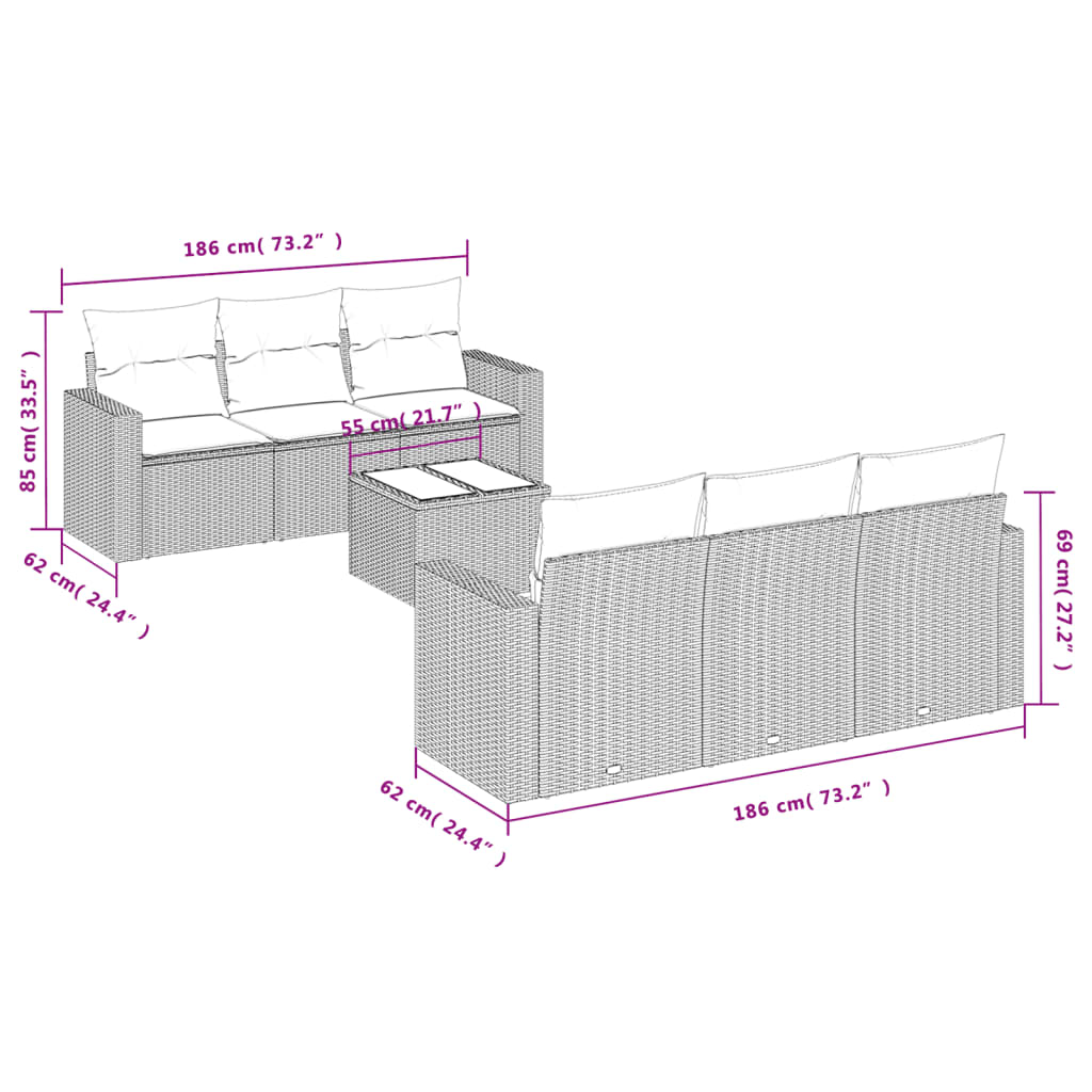 7-tlg. Garten-Sofagarnitur mit Kissen Braun Poly Rattan