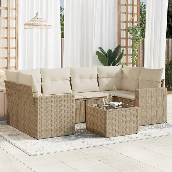 7-tlg. Garten-Sofagarnitur mit Kissen Beige Poly Rattan