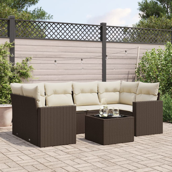 7-tlg. Garten-Sofagarnitur mit Kissen Braun Poly Rattan