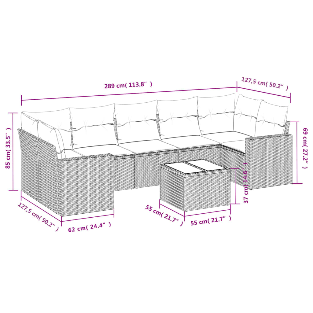 8-tlg. Garten-Sofagarnitur mit Kissen Schwarz Poly Rattan