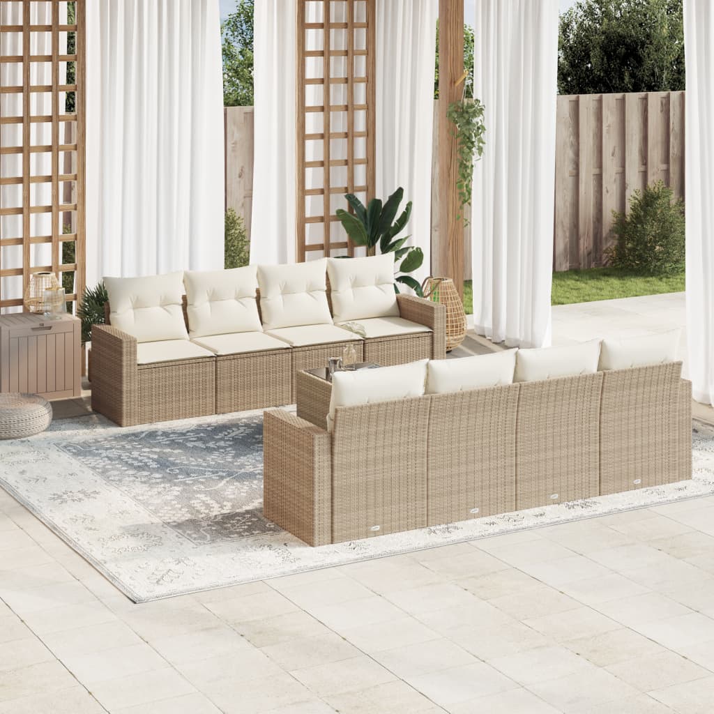 9-tlg. Garten-Sofagarnitur mit Kissen Beige Poly Rattan