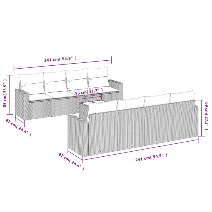 9-tlg. Garten-Sofagarnitur mit Kissen Braun Poly Rattan