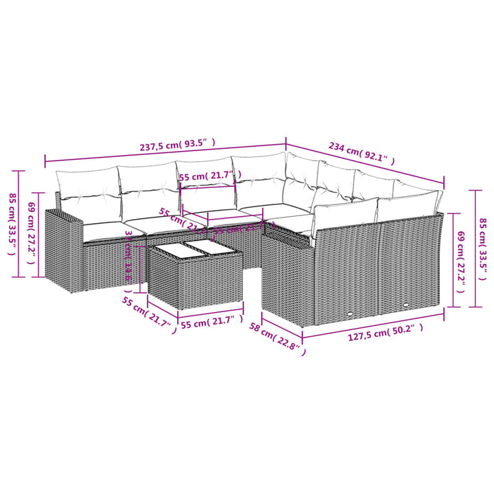 9-tlg. Garten-Sofagarnitur mit Kissen Grau Poly Rattan