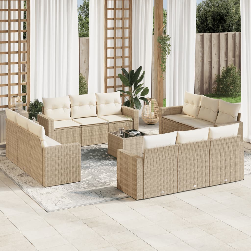 13-tlg. Garten-Sofagarnitur mit Kissen Beige Poly Rattan