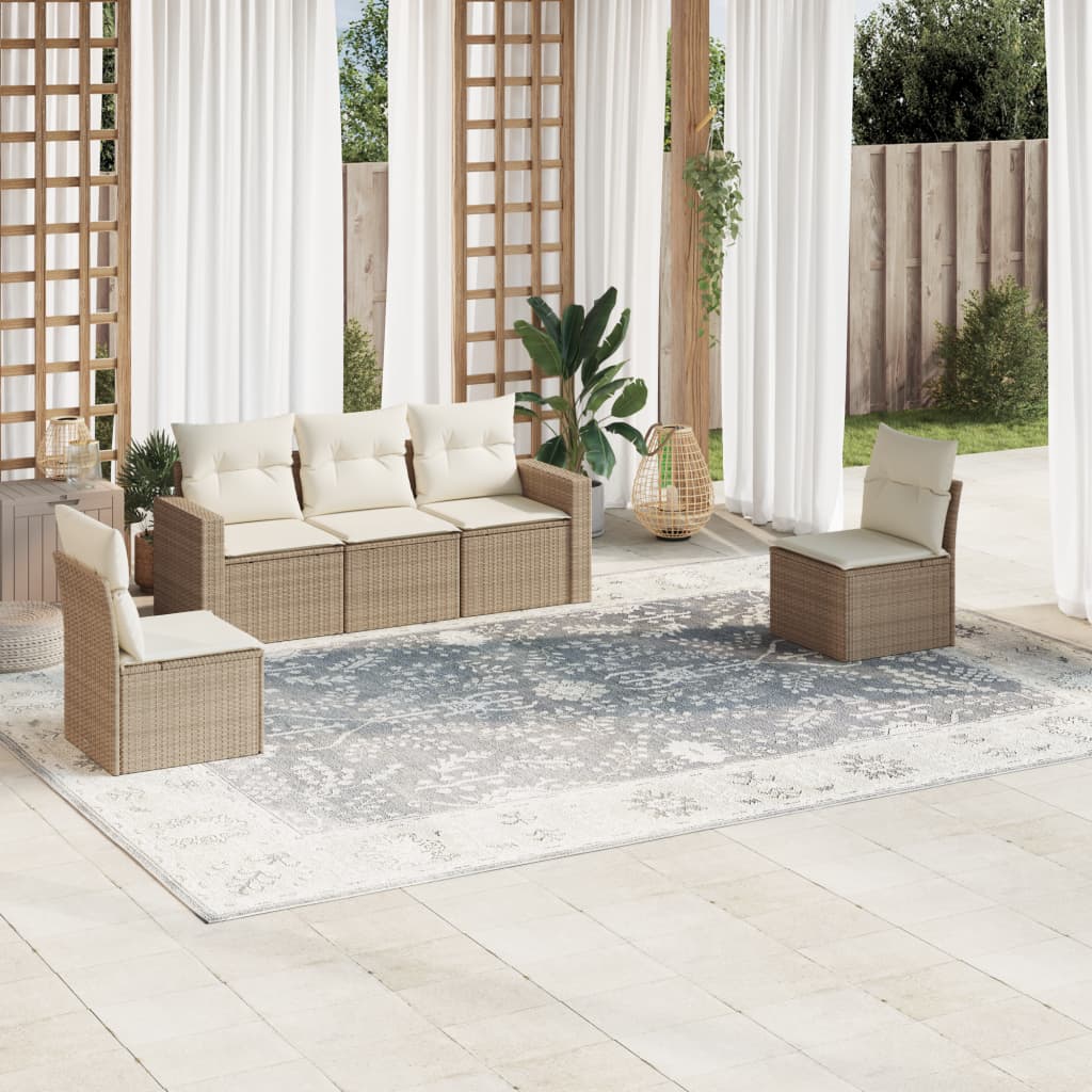 5-tlg. Garten-Sofagarnitur mit Kissen Beige Poly Rattan